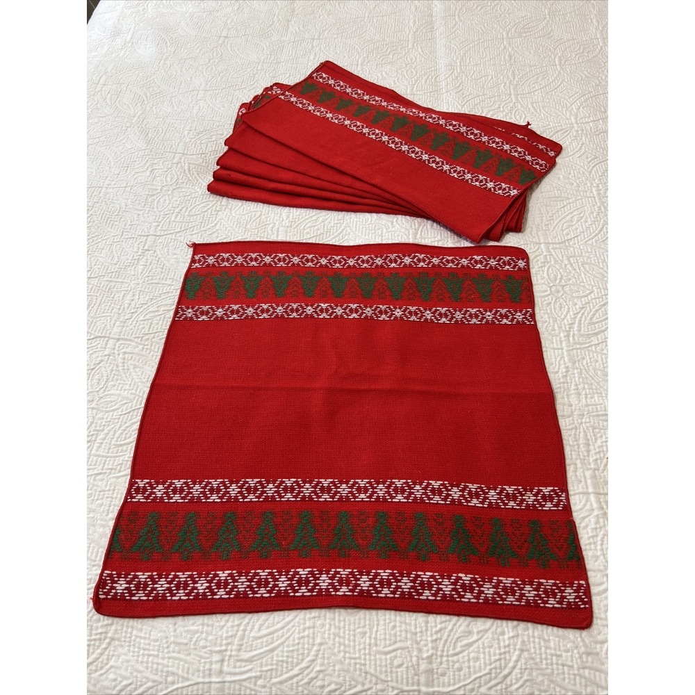 VTG Lot Of 6 Christmas Tree & Snowflake Woven Linen Napkins Holiday Red & Green